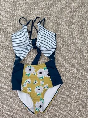 Girls Navy Stripe & Yellow Floral One-Piece Swimsuit